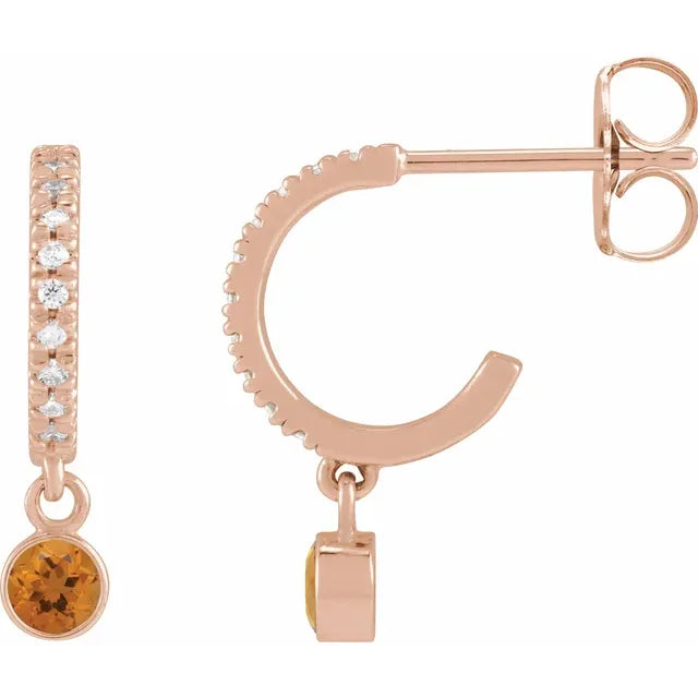 Rose Gold Natural Citrine & Natural Diamond French-Set Hoop Earrings