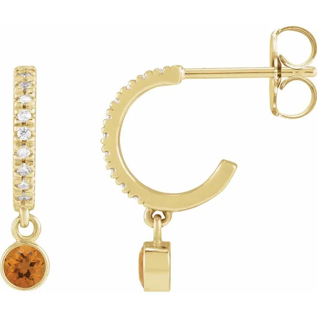 Yellow Gold Natural Citrine & Natural Diamond French-Set Hoop Earrings