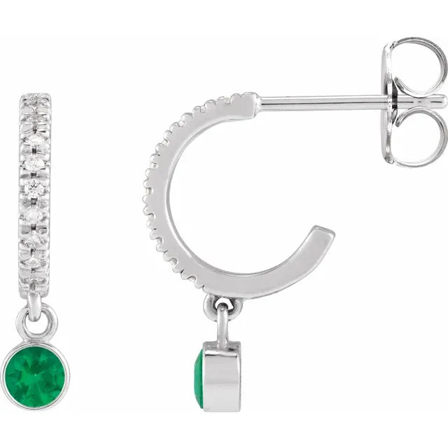 White Gold Natural Emerald & Natural Diamond French-Set Hoop Earrings