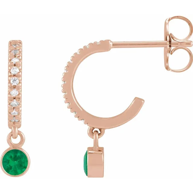 Rose Gold Natural Emerald & Natural Diamond French-Set Hoop Earrings