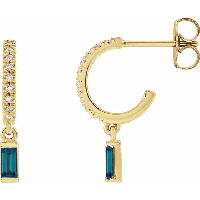 Yellow Gold Natural London Blue Topaz & Natural Diamond French-Set Birthstone Hoop Earrings