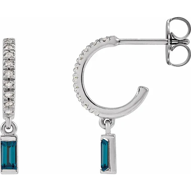 White Gold or platinum Natural London Blue Topaz & Natural Diamond French-Set Birthstone Hoop Earrings