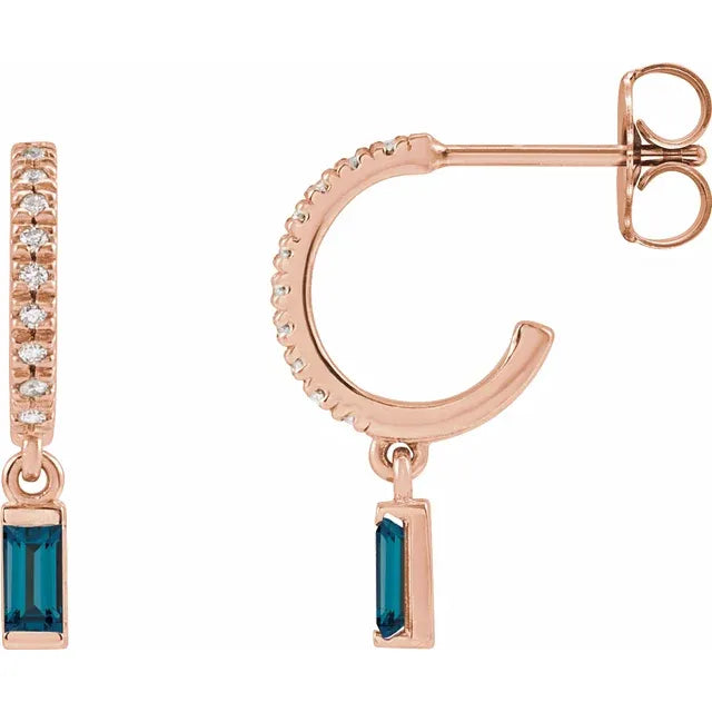 Rose Gold Natural London Blue Topaz & Natural Diamond French-Set Birthstone Hoop Earrings