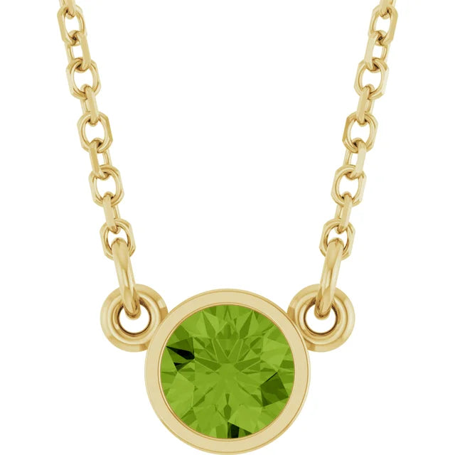 Natural Peridot Birthstone bezel set Solitaire Necklace in Yellow Gold