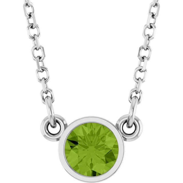 Natural Peridot Birthstone bezel set Solitaire Necklace in white gold