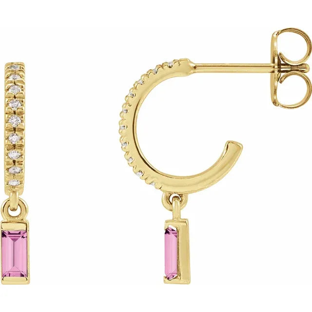 Yellow Gold Natural Pink Sapphire & Natural Diamond French-Set Birthstone Hoop Earrings