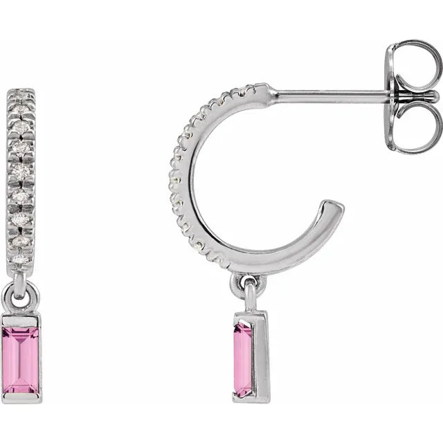 White Gold Natural Pink Sapphire & Natural Diamond French-Set Birthstone Hoop Earrings