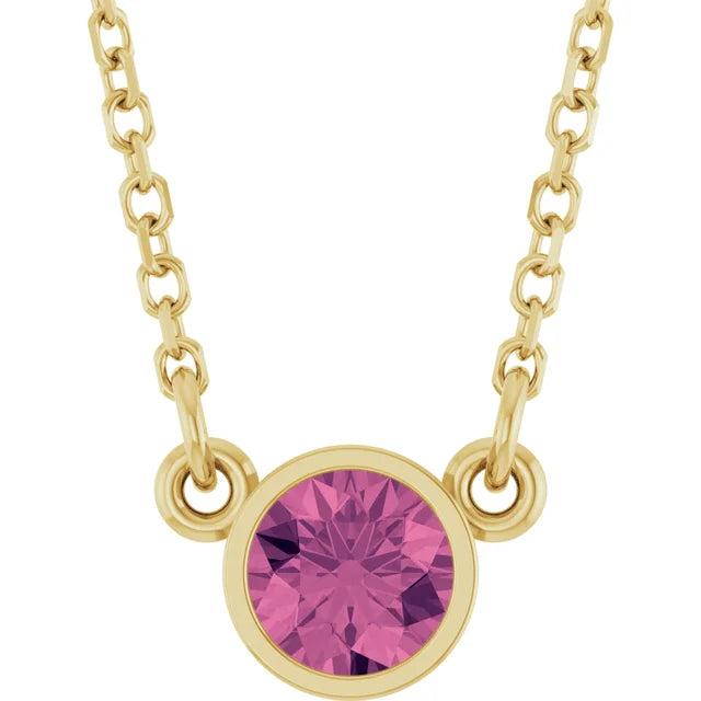 Yellow Gold Natural Pink Tourmaline Bezel Set birthstone Solitaire Necklace