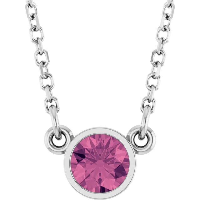White gold Natural Pink Tourmaline Bezel Set birthstone Solitaire Necklace