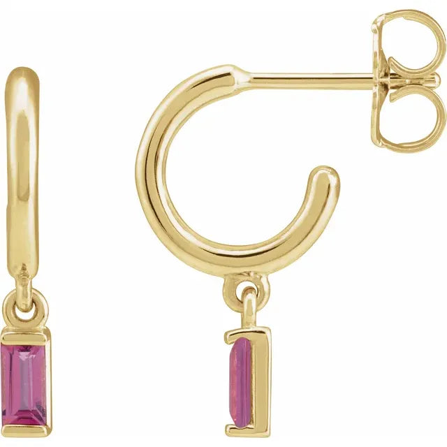 Yellow Gold Natural Pink Tourmaline Hoop Earrings