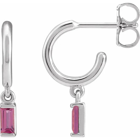 White Gold or platinum Natural Pink Tourmaline Hoop Earrings