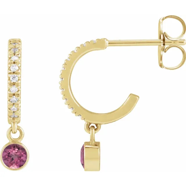 Yellow Gold Natural Pink Tourmaline & Natural Diamond French-Set Hoop Earrings