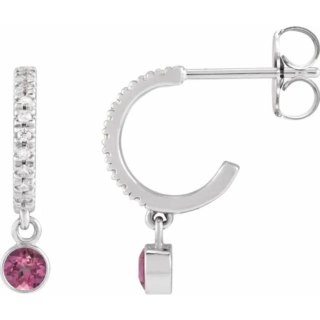 White Gold or platinum Natural Pink Tourmaline & Natural Diamond French-Set Hoop Earrings