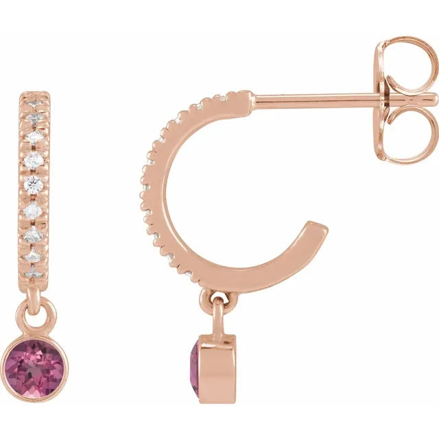 Rose Gold Natural Pink Tourmaline & Natural Diamond French-Set Hoop Earrings
