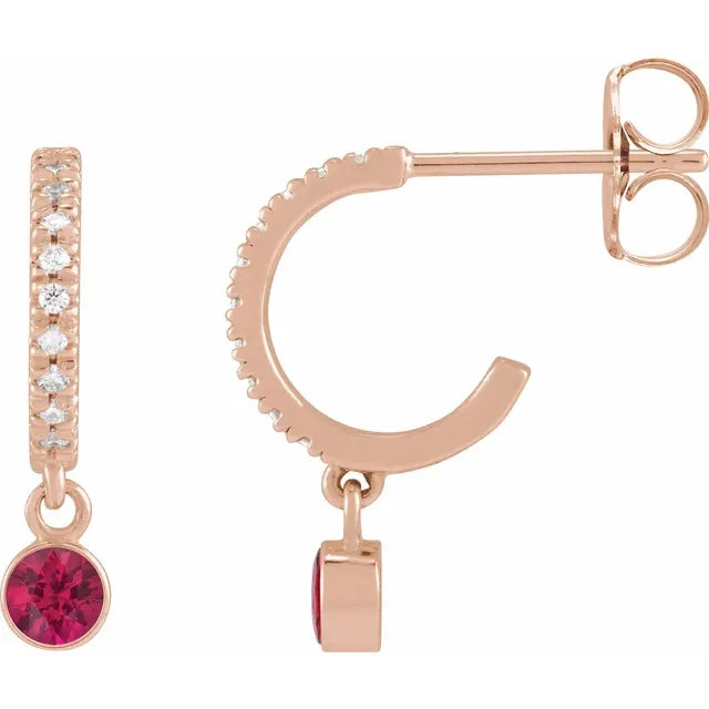 Rose Gold Natural Ruby & CTW Natural Diamond French-Set Hoop Earrings