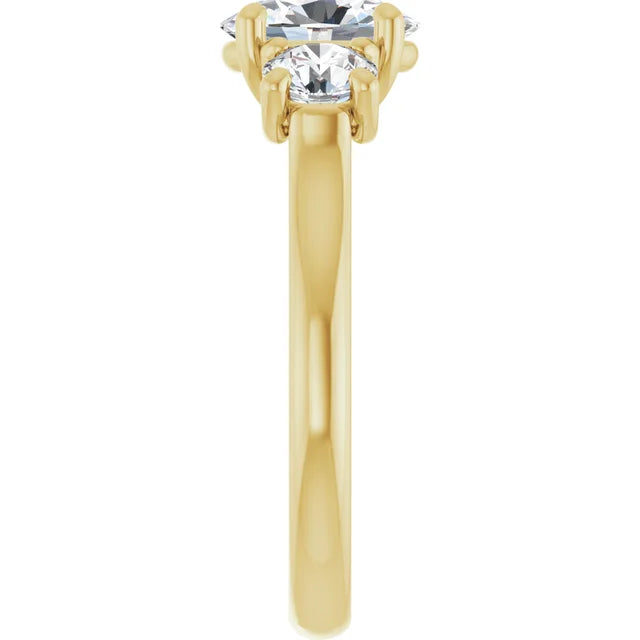 Three Stone oval and round 3-Stone diamond engagement Ring set in yellow gold showing shank from the side