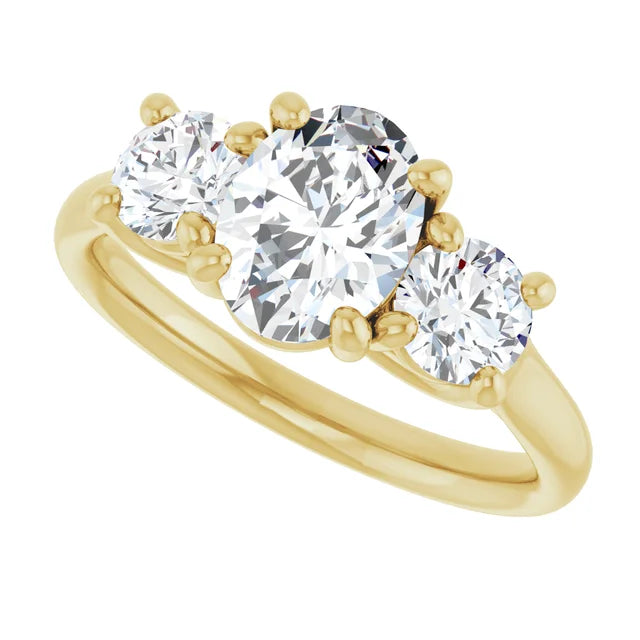 Sideway Picture for Three Stone oval and round 3-Stone diamond engagement Ring set in Yellow Gold