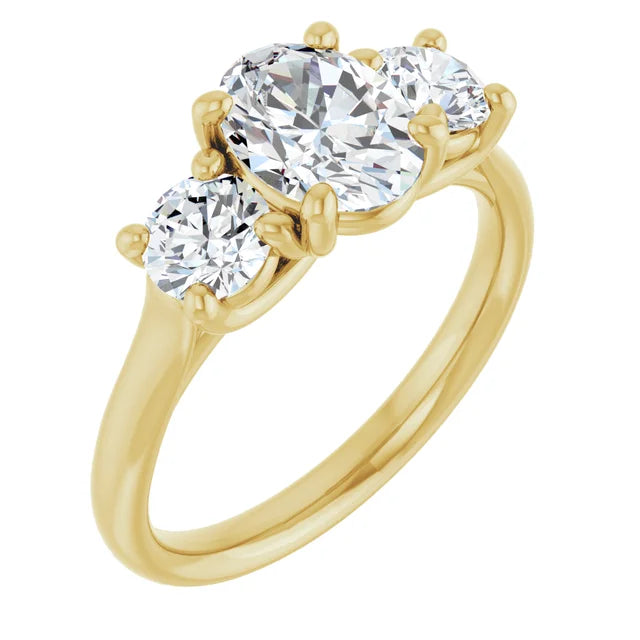 Three Stone oval and round 3-Stone diamond engagement Ring Set in Yellow Gold