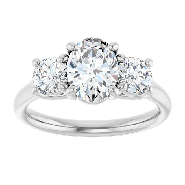 Three Stone oval and round 3-Stone diamond engagement Ring Set in white gold or platinum