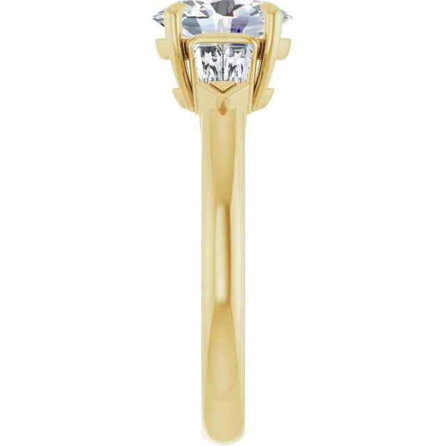3-Stone Oval and Baguette Diamond Engagement Ring picture from the side showing the shank from the side