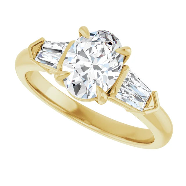 Sideway Picture for 3-Stone Oval and Baguette Diamond Engagement Ring Set in Yellow Gold