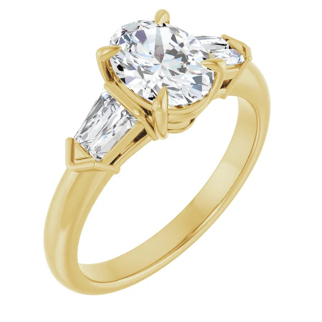 Flipped 3-Stone Oval and Baguette Diamond Engagement Ring Set in Yellow Gold