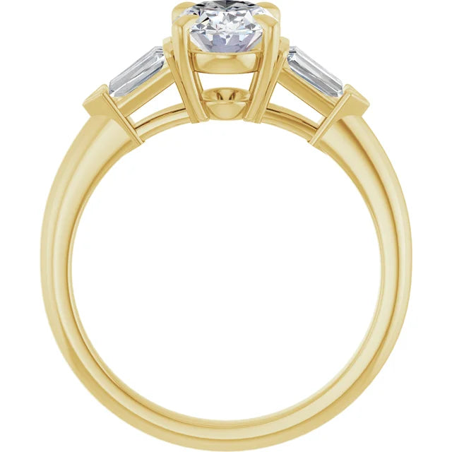 3-Stone Oval and Baguette Diamond Engagement Ring Set in Yellow Gold showing under gallery