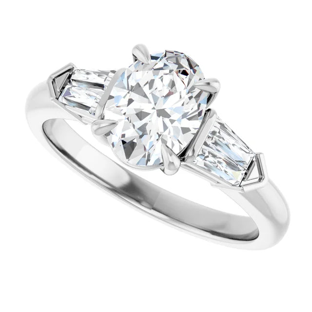 Sideway Picture for 3-Stone Oval and Baguette Diamond Engagement Ring set in white gold or platinum