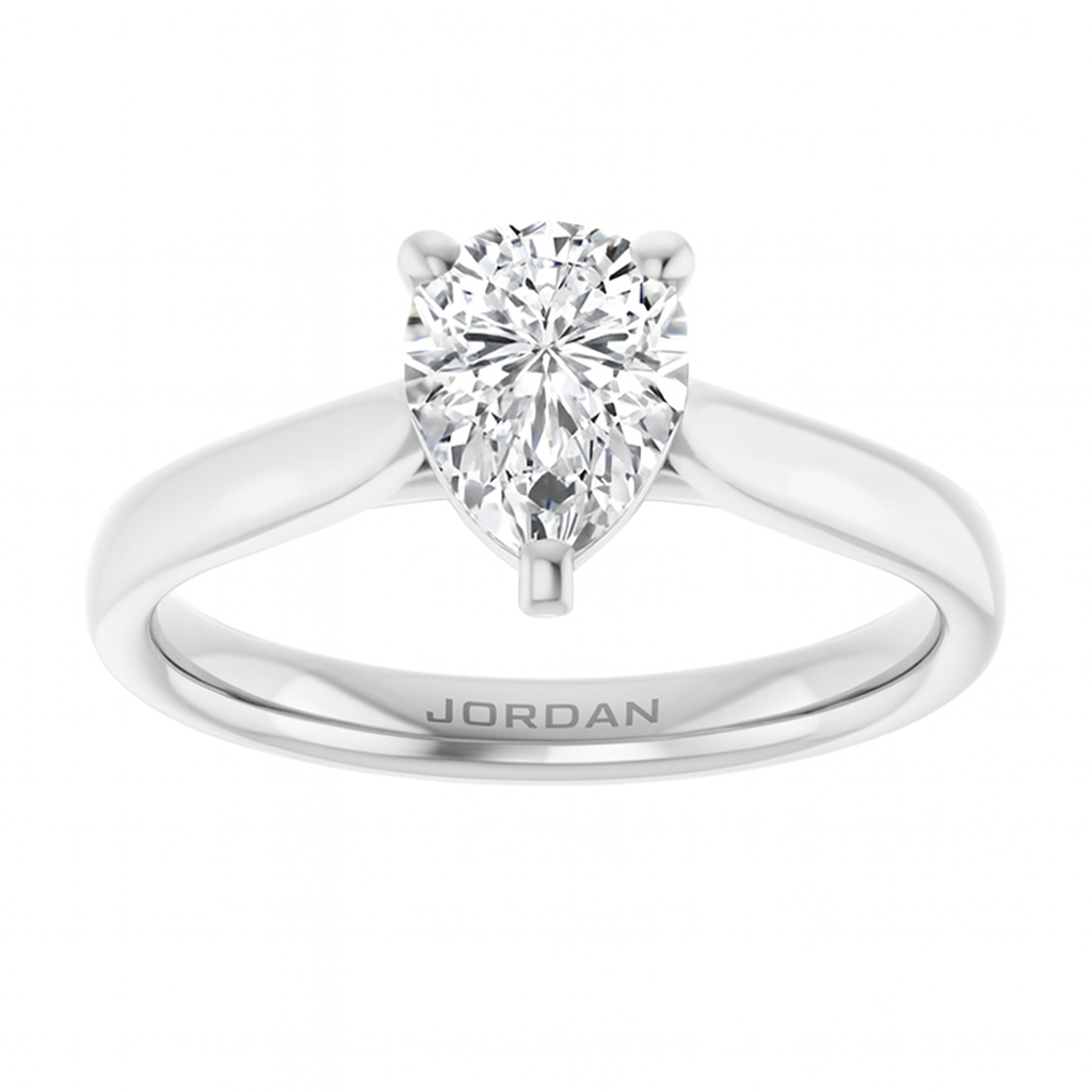 Classic 4-prong pear-shaped solitaire engagement ring in 14K white gold with a 1 carat diamond, elegant teardrop design