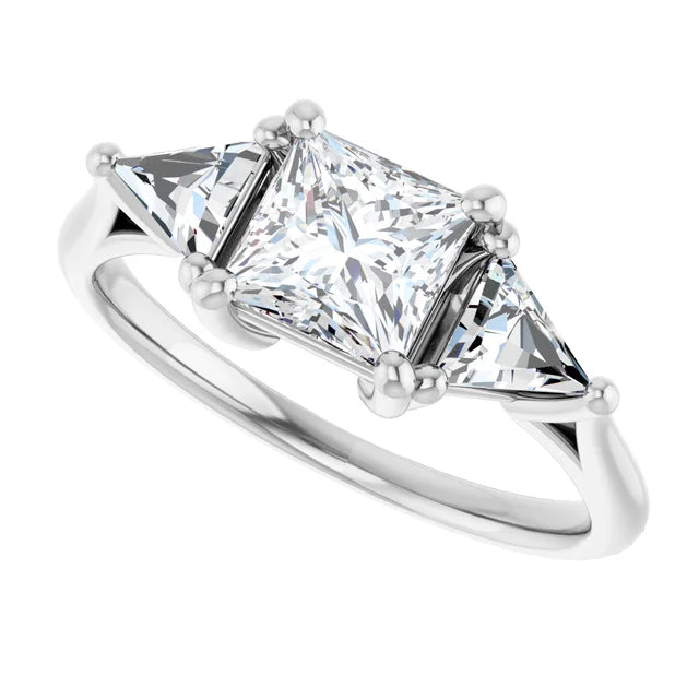 Side Picture for three-Stone Princes and Triangle Diamond Engagement Ring set in white gold or platinum