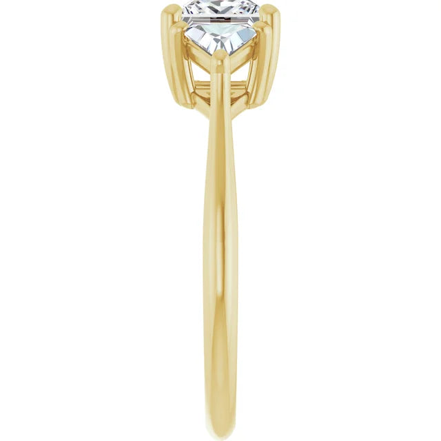 three-Stone Princes and Triangle Diamond Engagement Ring Set in Yellow Gold showing Shank from the side