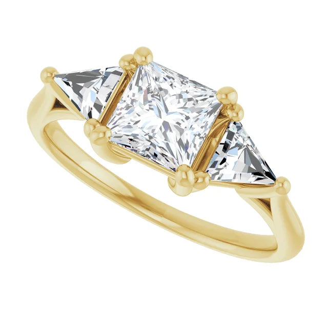 Sideway Picture for three-Stone Princes and Triangle Diamond Engagement Ring Set in Yellow Gold