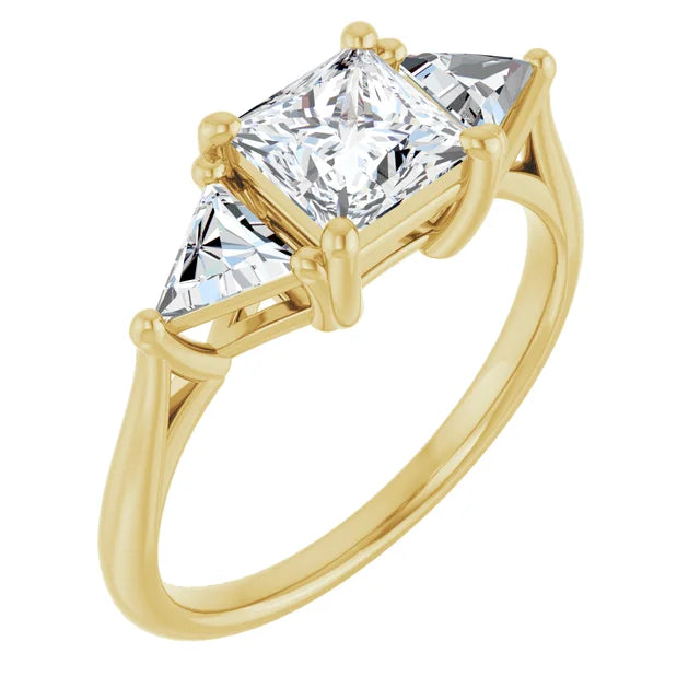 Side Picture for three-Stone Princes and Triangle Diamond Engagement Ring Set in Yellow Gold
