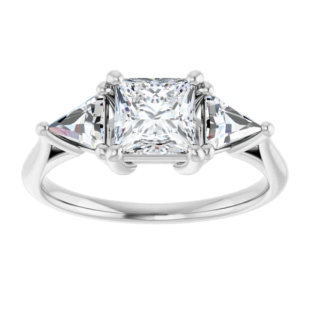 three-Stone Princes and Triangle Diamond Engagement Ring Set in white gold or platinum