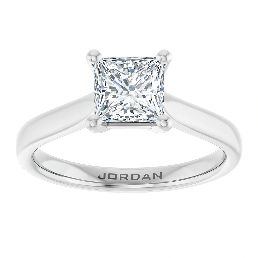 White gold Classic 4-prong princess cut solitaire engagement ring with a 1 carat diamond, timeless square diamond setting.