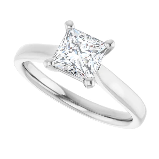 Sideway picture for Classic 4-prong princess cut solitaire engagement ring with a 1 carat diamond, timeless square diamond setting.