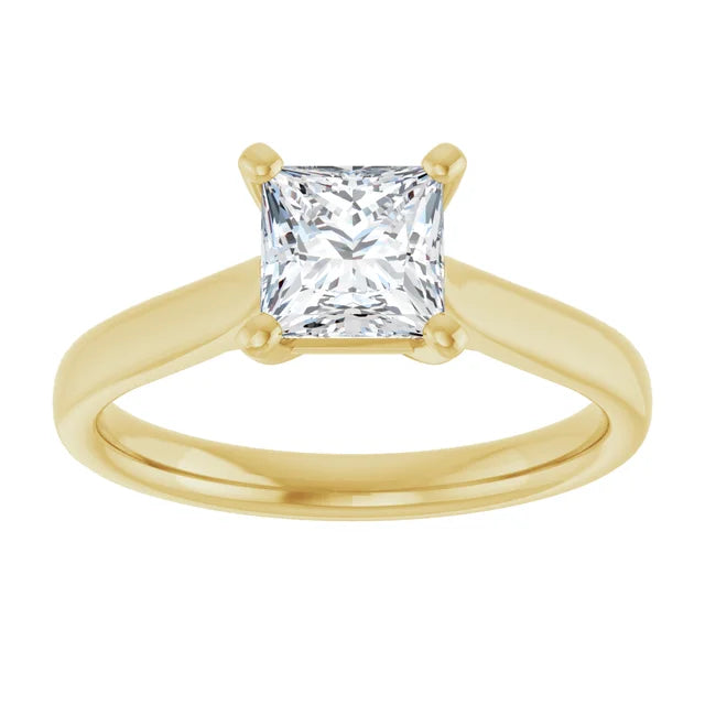 Yellow Gold Classic 4-prong princess cut solitaire engagement ring with a 1 carat diamond, timeless square diamond setting.
