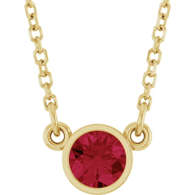 Yellow gold Ruby Birthstone Bezel Set Solitaire Necklace