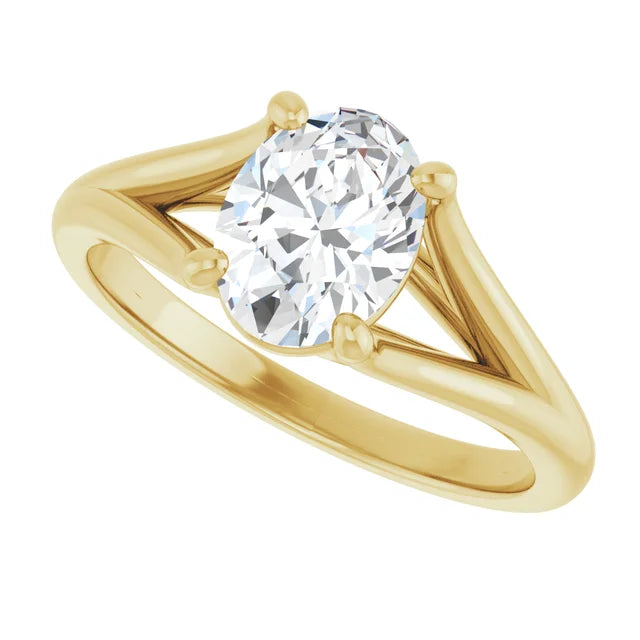 sideway picture for 1 CT Split Shank Oval Diamond Solitaire Engagement Ring set in Yellow Gold
