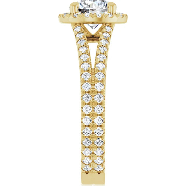 Round diamond engagement ring with French-set accents and a split shank band in Yellow Gold showing diamonds on the shank