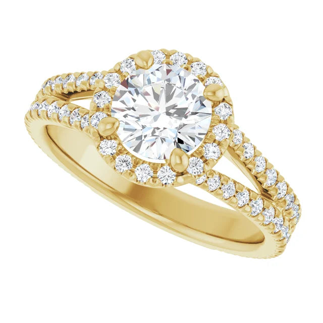 Round diamond engagement ring with French-set accents and a split shank band set in yellow gold sideway picture