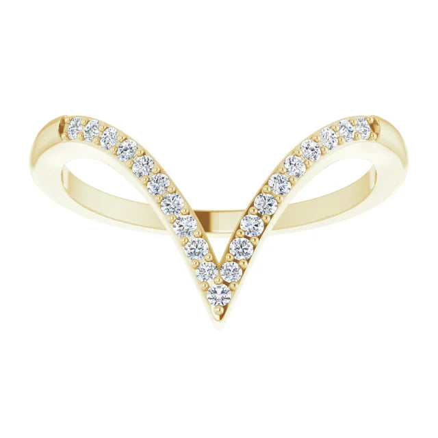 Elegant V-shaped 1/6 CTW natural diamond wedding ring in 14K Yellow gold, stackable design.
