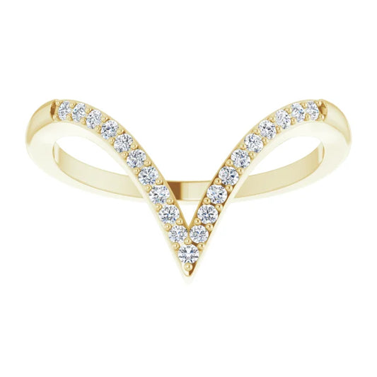 Elegant V-shaped 1/6 CTW natural diamond wedding ring in 14K Yellow gold, stackable design.