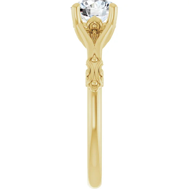 Picture from the side for Vintage inspire Split Shank Round Solitaire Diamond Engagement Ring showing details on the Shank