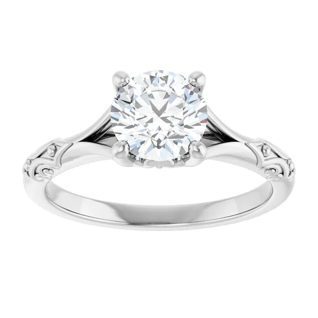 Vintage inspire Split Shank Round Solitaire Diamond Engagement Ring set in Platinum