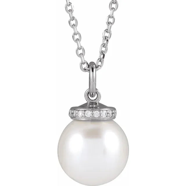 White Gold White Akoya Pearl & Natural Diamond Necklace