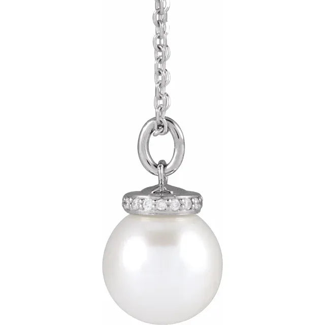 White Akoya Pearl & Natural Diamond Necklace Made in white gold