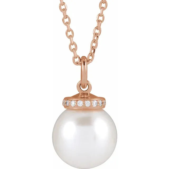 White Akoya Pearl & Natural Diamond Necklace in Rose Gold