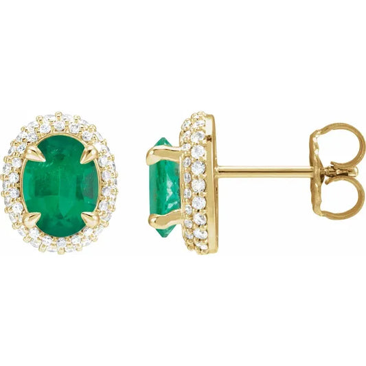 14K Yellow Gold Emerald And Diamond Stud Earrings