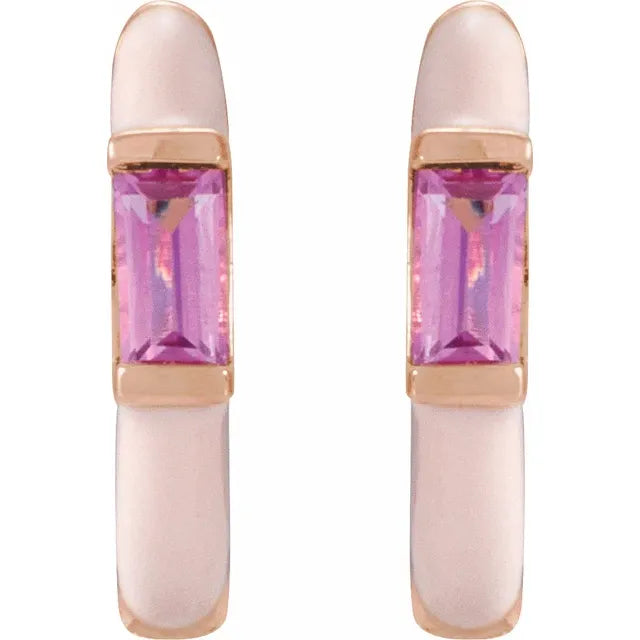 Pink Tourmaline & Pink Enamel Hinged Hoop Earrings rose gold straight picture